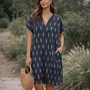 Firth Dress Large Pockets V Neck Cotton Lightweight Summer Dress Large Gray